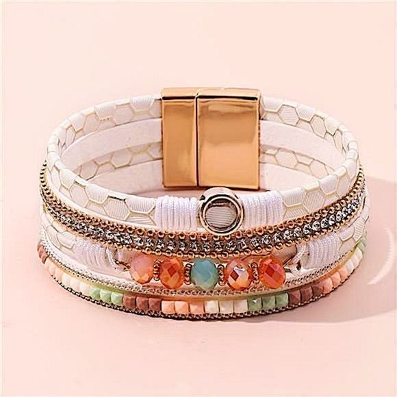 Boho White Multi-Layer Beaded Bracelet Magnetic Clasp Gemstone Accent Stackable - Picture 1 of 6
